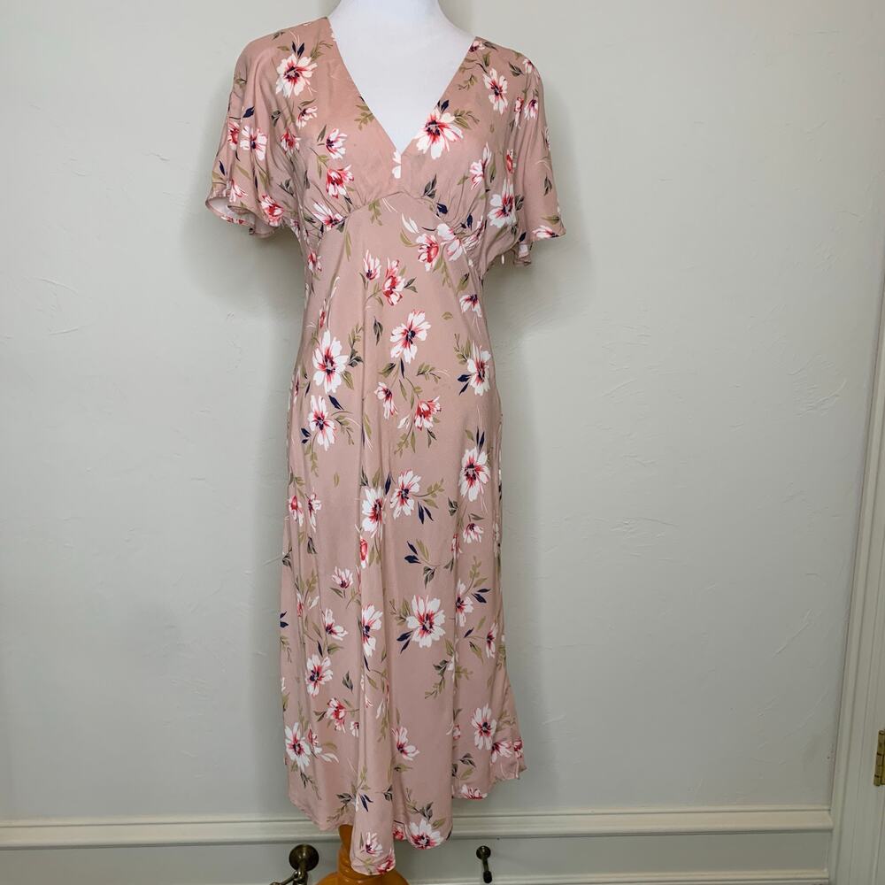Velvet Pink Floral A Line Midi Dress Sz ? Small